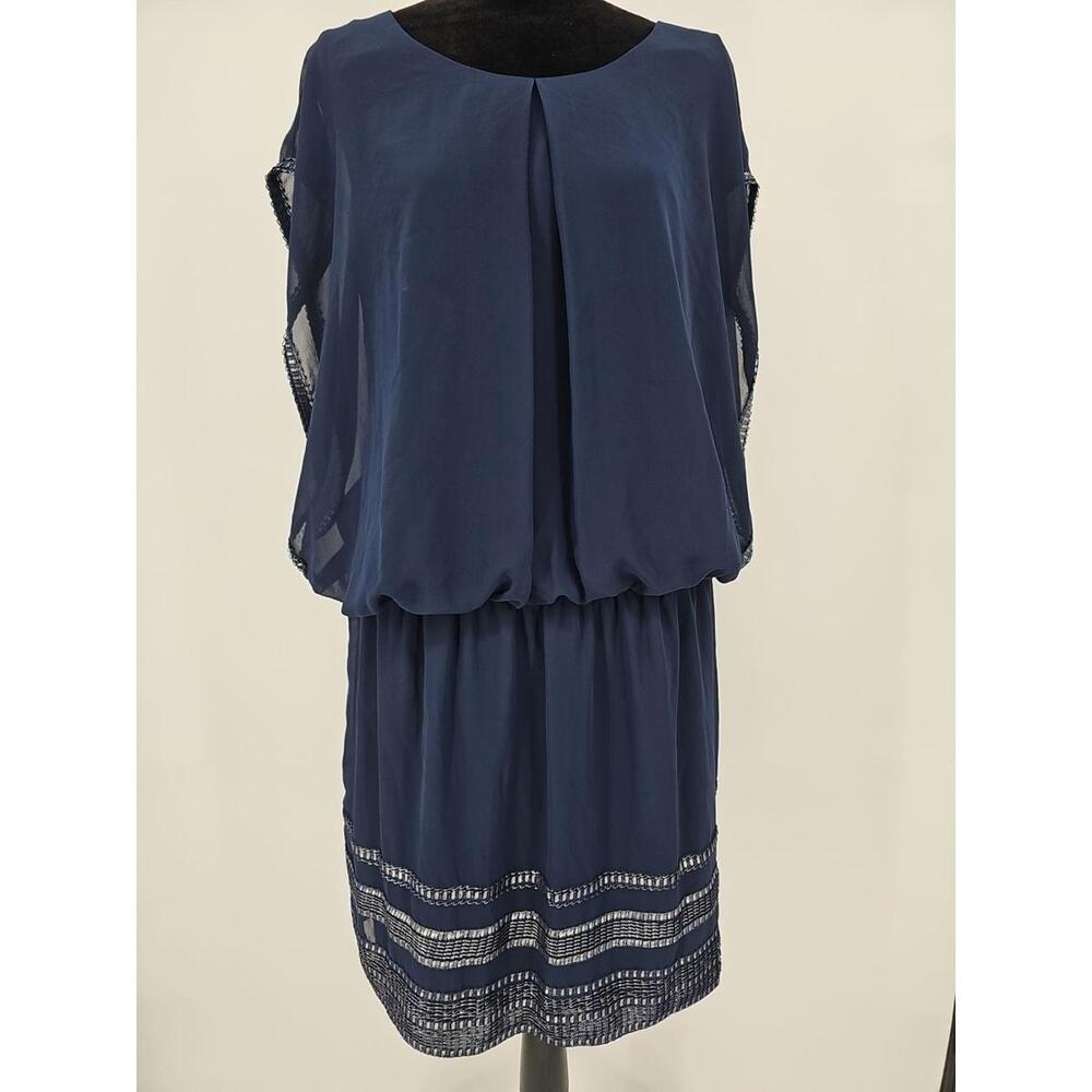 SLNY Fashions Evening Dress 14 Navy Silver Foil Embroidered Blouson Dress Lined